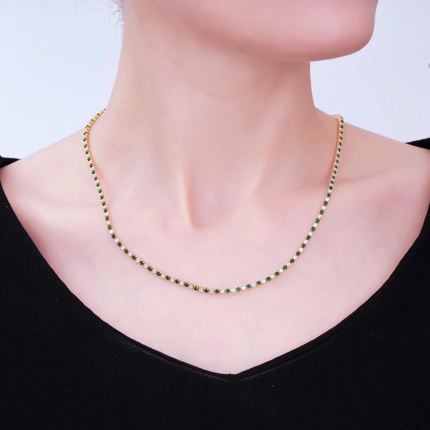 24K Gold Filled Green, Blue Clear 2mm Alternate Tennis Chain 18 Inch Necklace | WA-3802 WA-3803