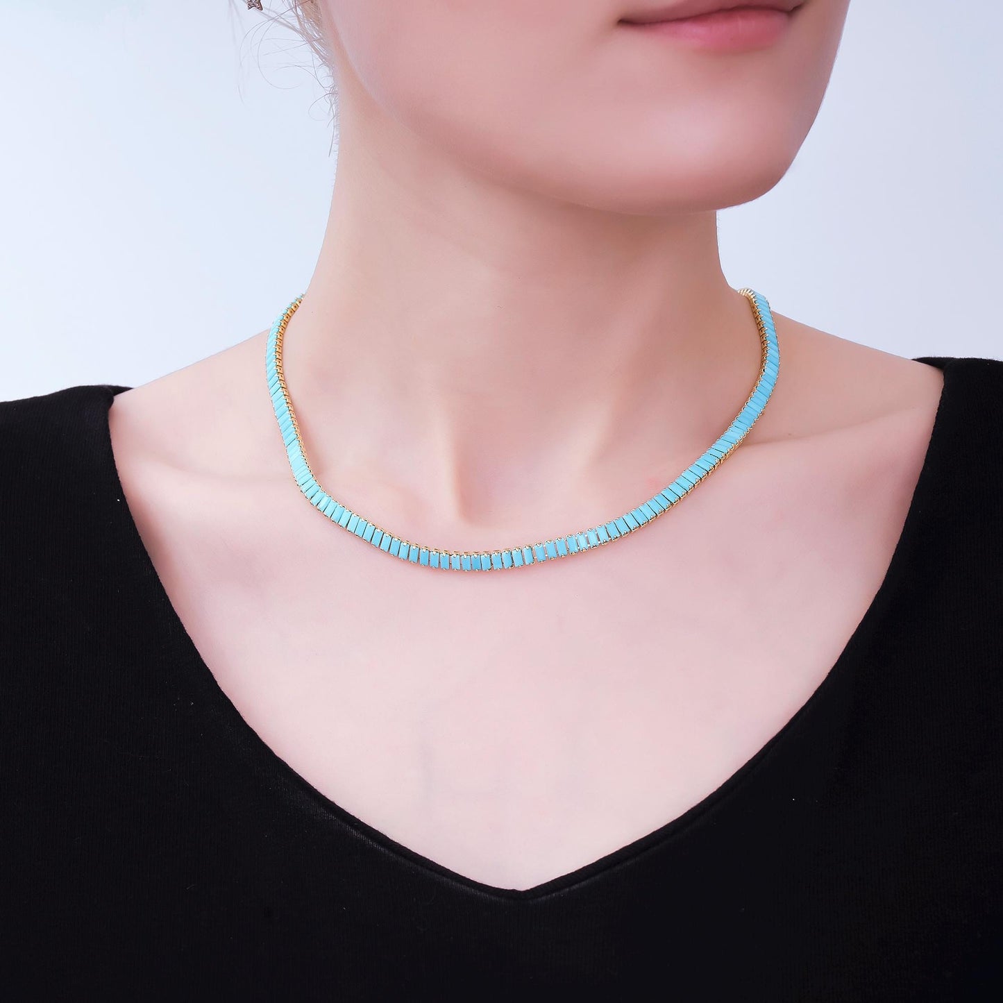 24K Gold Filled Turquoise Baguette CZ Box Clasp Tennis Necklace 17.71 Inch | WA-3801