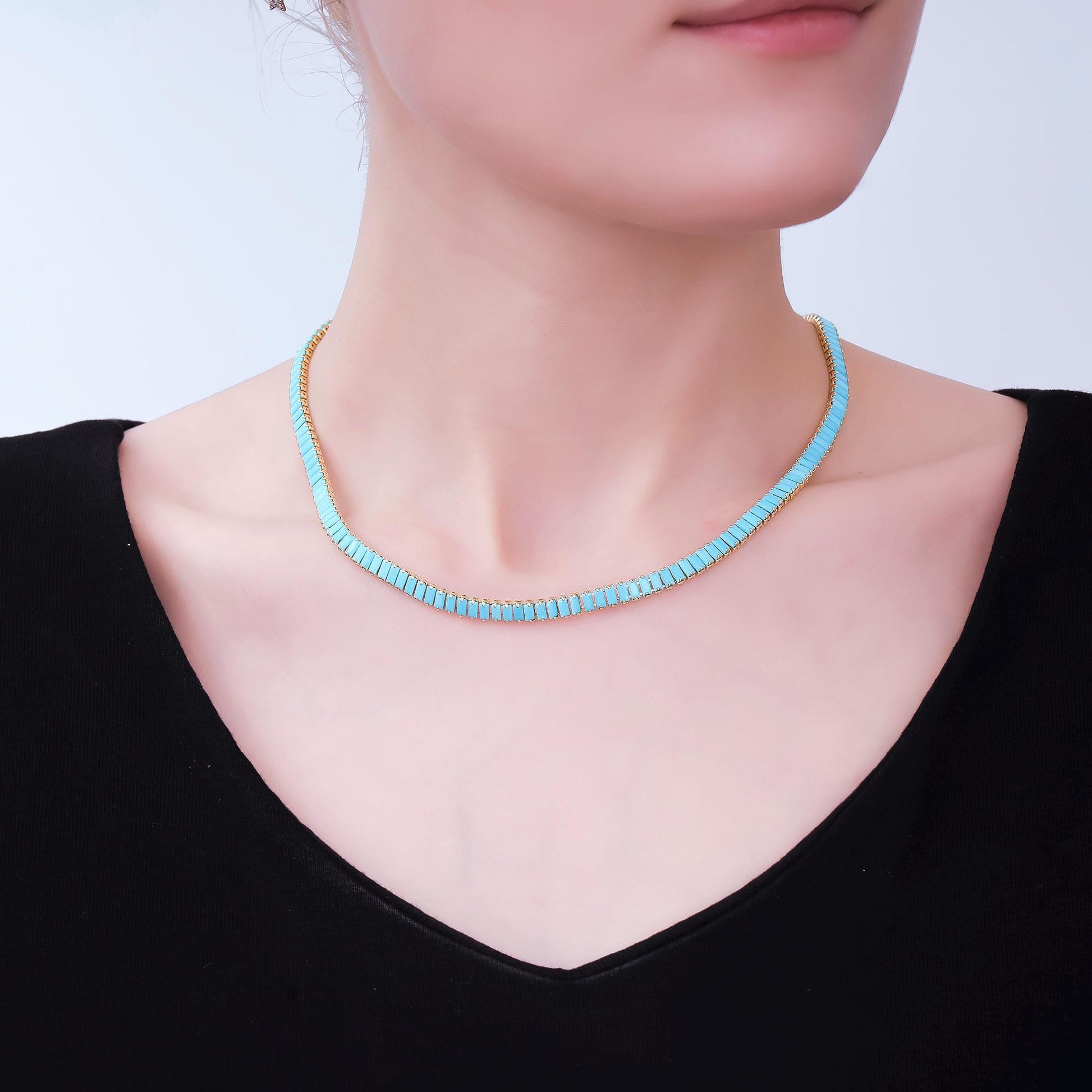 24K Gold Filled Turquoise Baguette CZ Box Clasp Tennis Necklace 17.71 Inch | WA-3801