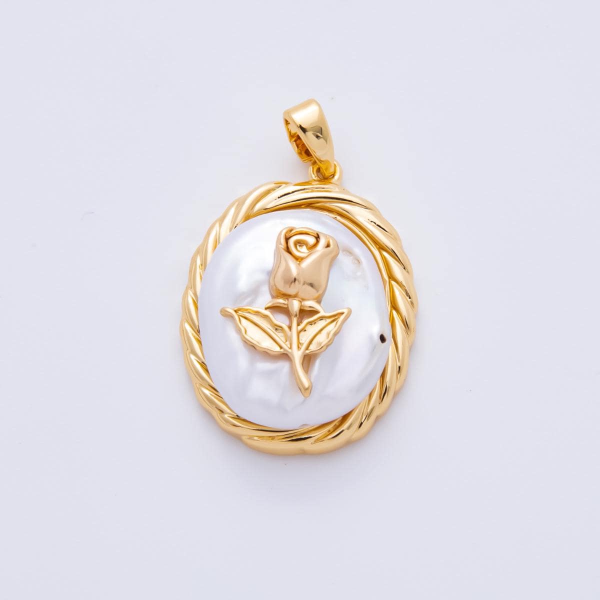 18K Gold Filled Rose Pendant Flower Pearl Charm with Textured Bezel | AH-810