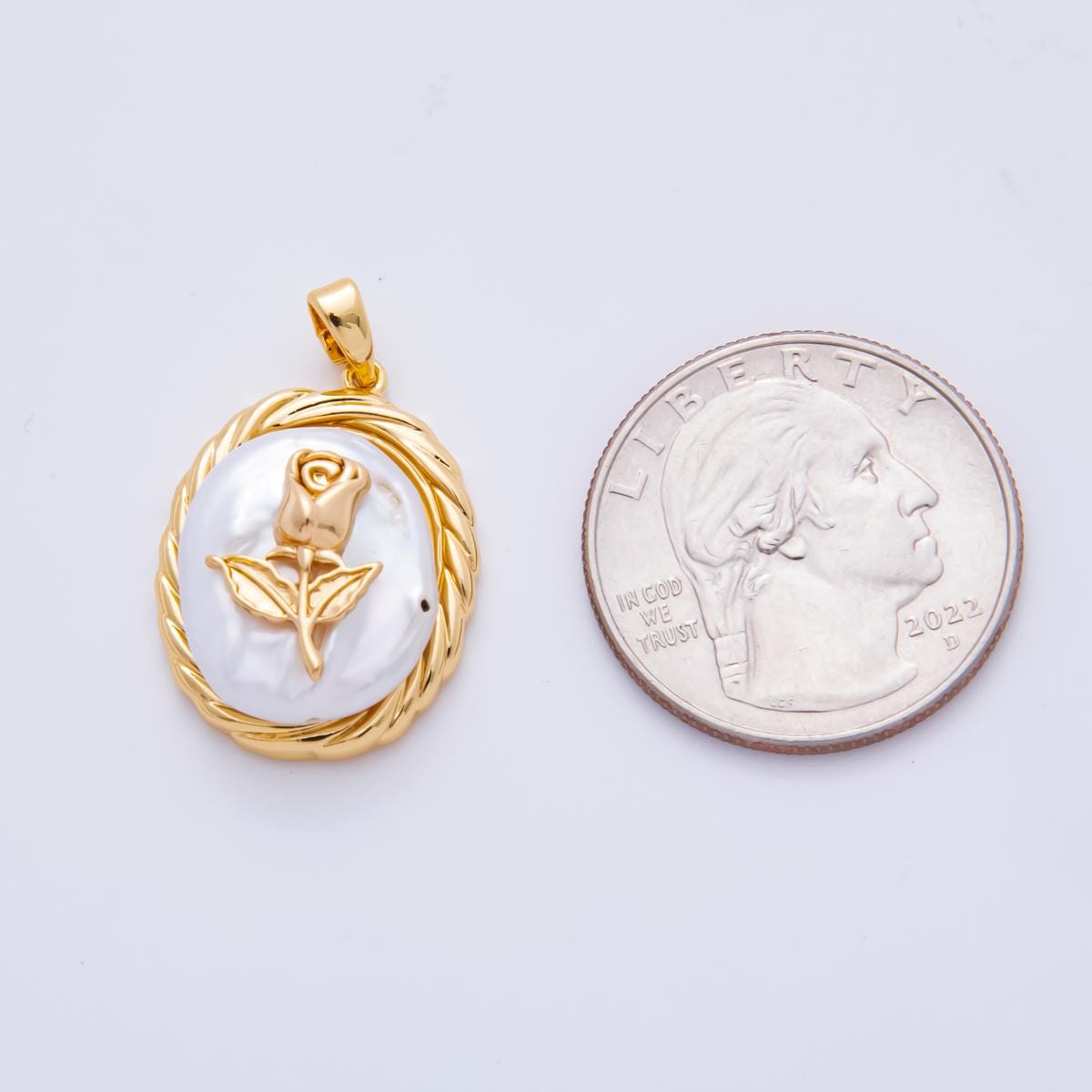 18K Gold Filled Rose Pendant Flower Pearl Charm with Textured Bezel | AH-810