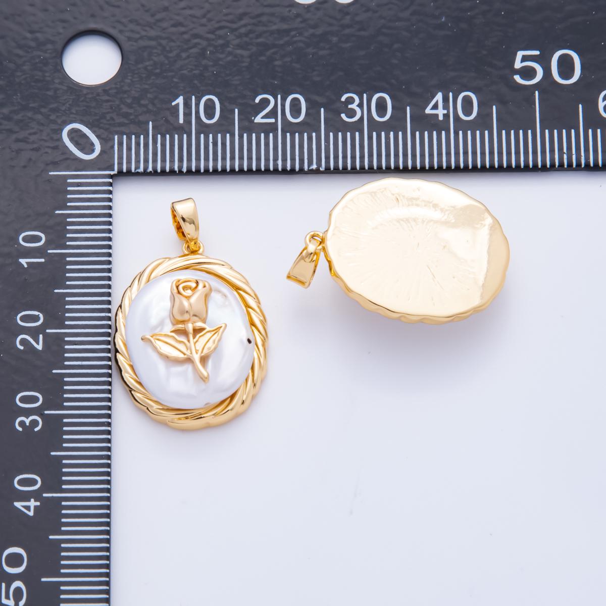 18K Gold Filled Rose Pendant Flower Pearl Charm with Textured Bezel | AH-810
