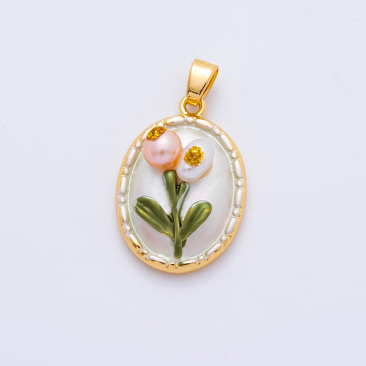 18K Gold Filled Tulip Pendant Artsy Flower Pearl Charm with Textured Bezel | AH-812