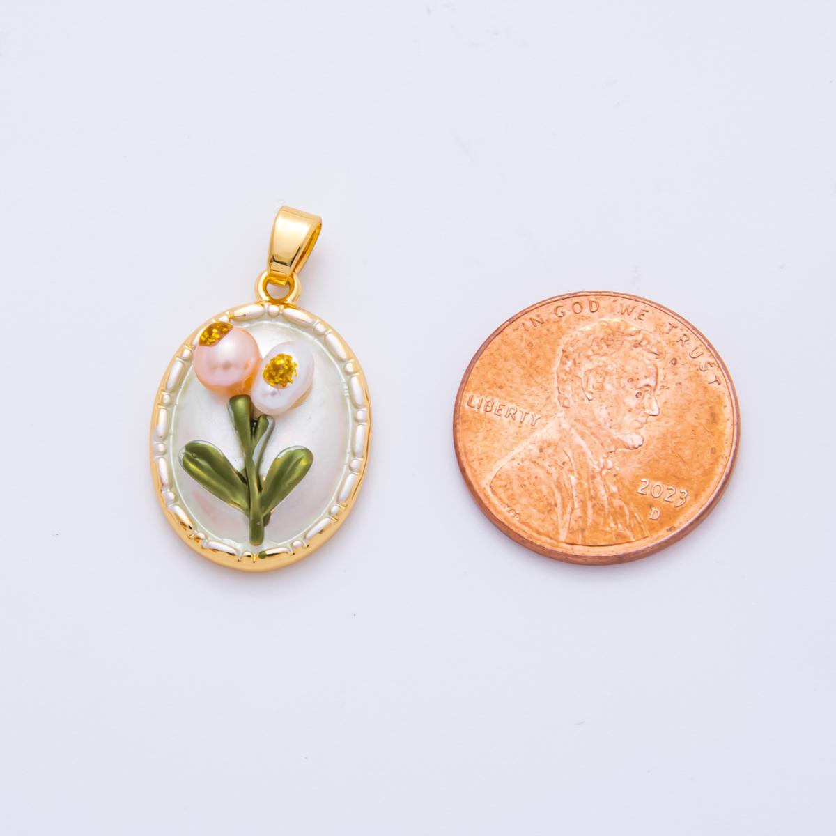 18K Gold Filled Tulip Pendant Artsy Flower Pearl Charm with Textured Bezel | AH-812