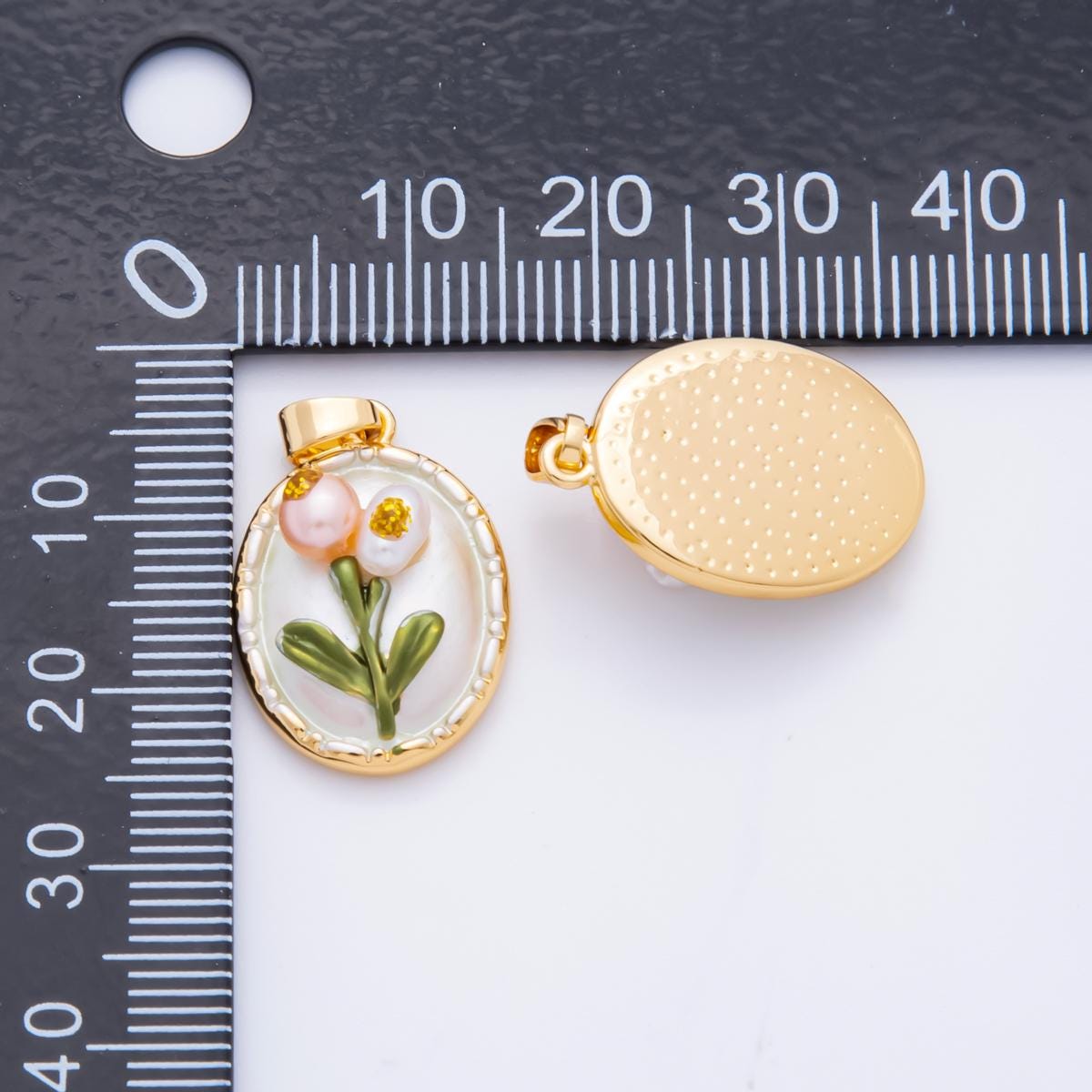 18K Gold Filled Tulip Pendant Artsy Flower Pearl Charm with Textured Bezel | AH-812