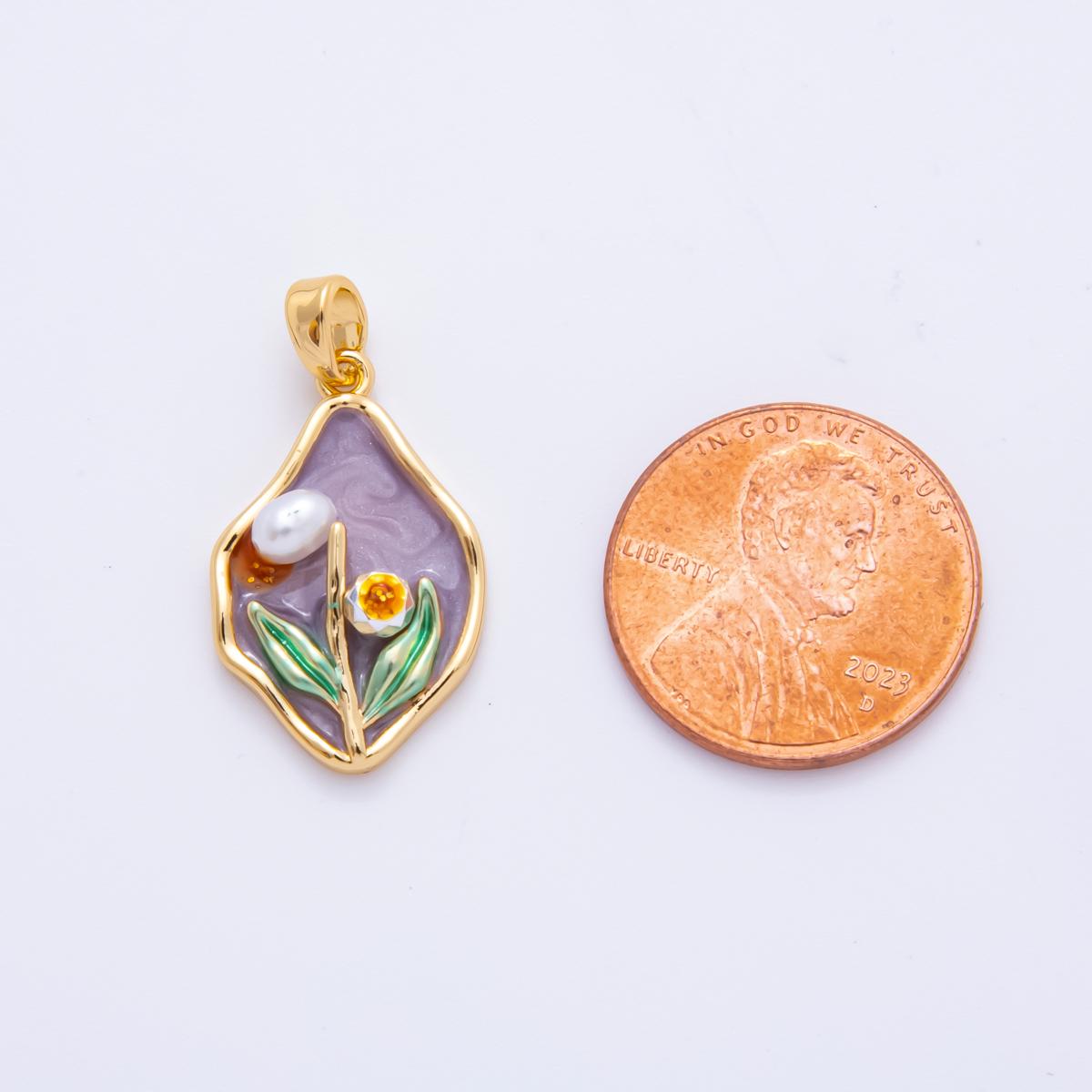 18K Gold Filled Tulip Pendant Artsy Flower Enamel Charm Molten Gold | I-848