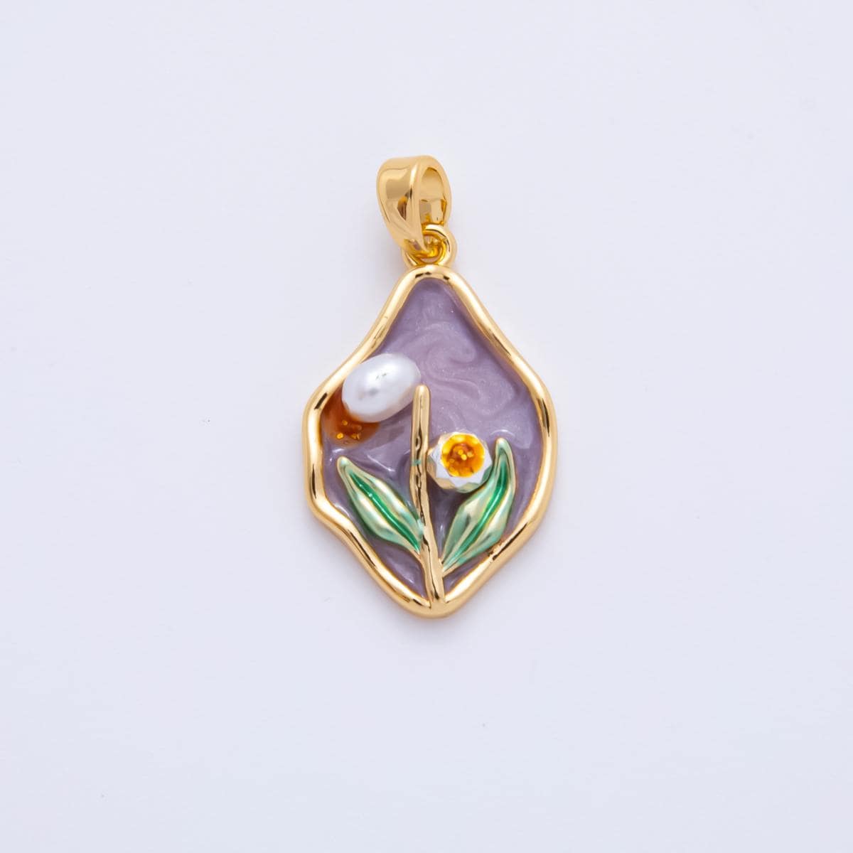 18K Gold Filled Tulip Pendant Artsy Flower Enamel Charm Molten Gold | I-848