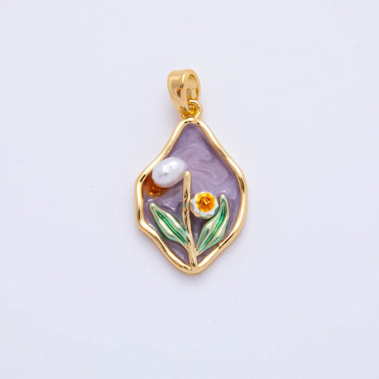 18K Gold Filled Tulip Pendant Artsy Flower Enamel Charm Molten Gold | I-848