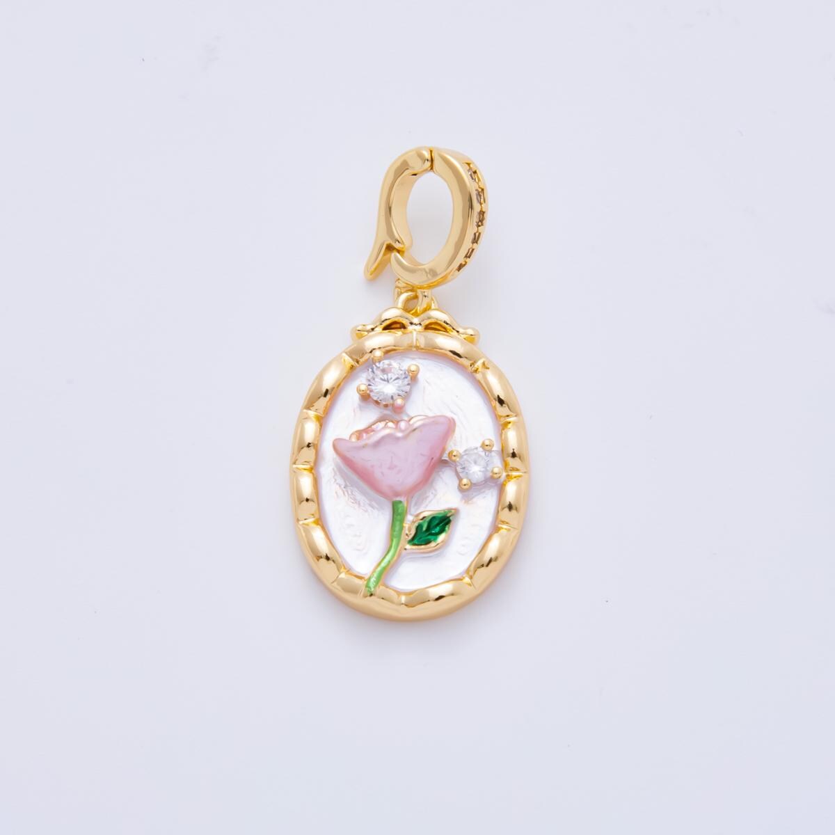 18K Gold Filled Pink Tulip Pendant Artsy Flower Enamel Charm with Clip Bail | AH-818