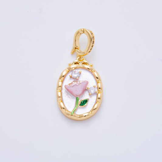 18K Gold Filled Pink Tulip Pendant Artsy Flower Enamel Charm with Clip Bail | AH-818