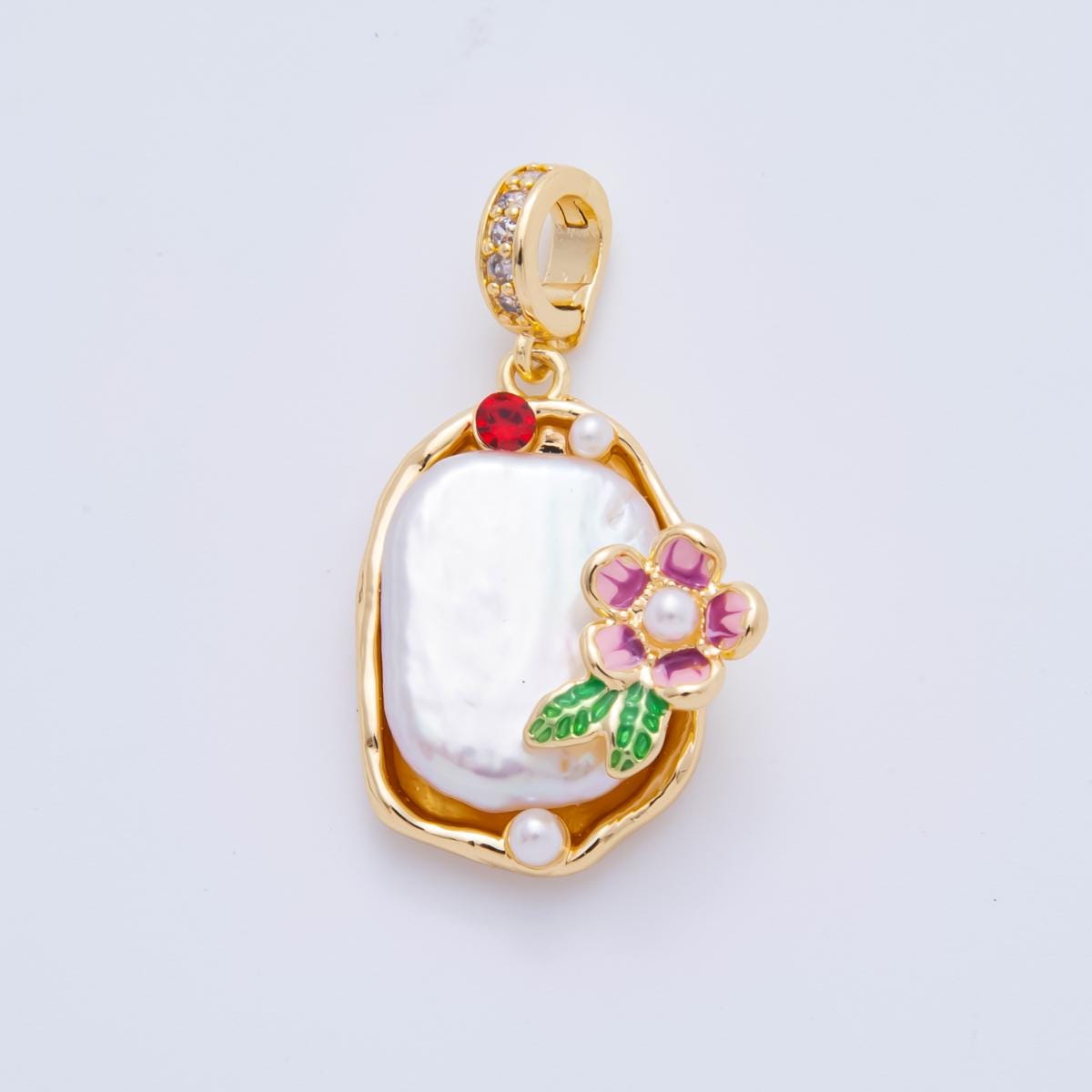 18K Gold Filled Pink Rose Pendant Artsy Flower Enamel Charm with Clip Bail | AH-817