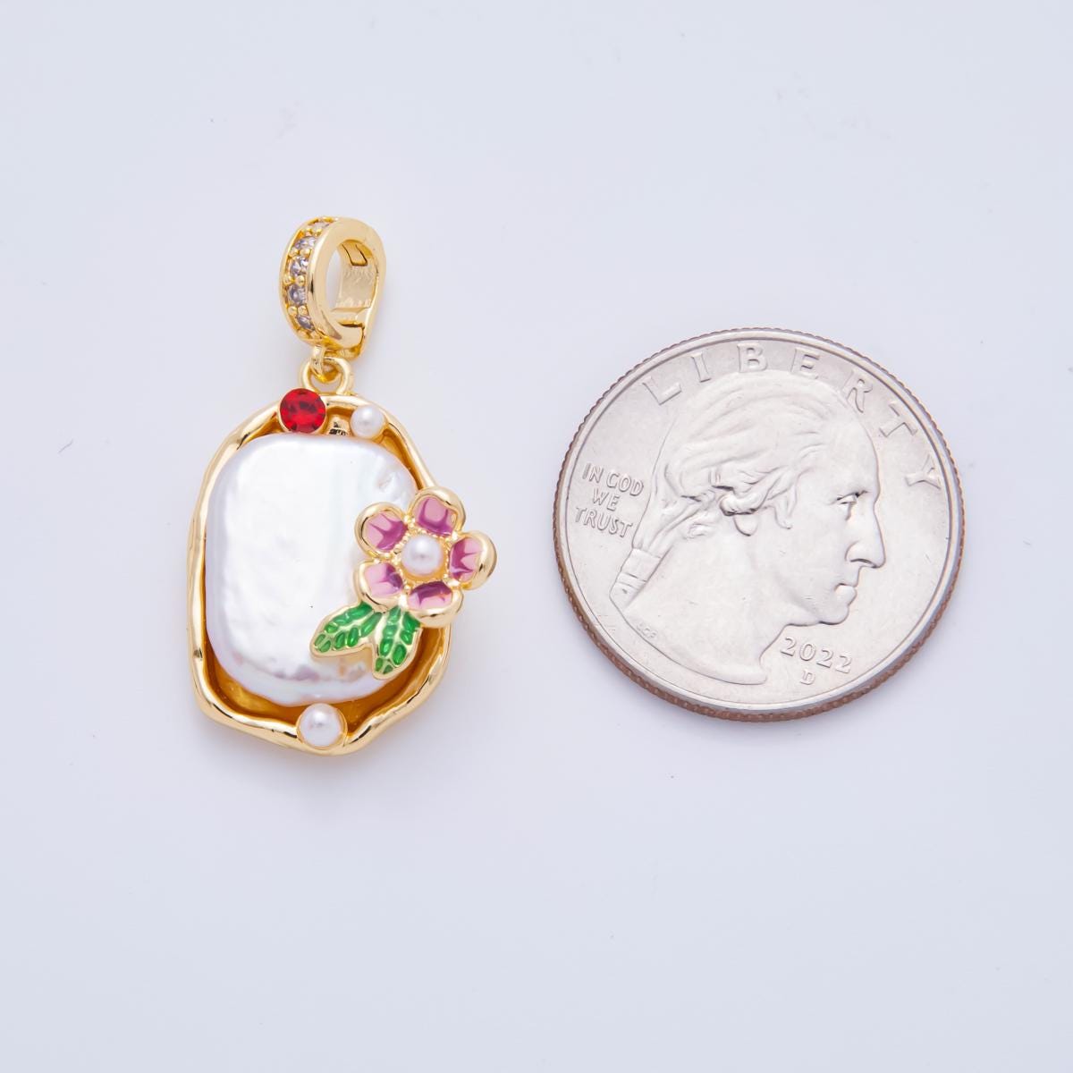 18K Gold Filled Pink Rose Pendant Artsy Flower Enamel Charm with Clip Bail | AH-817