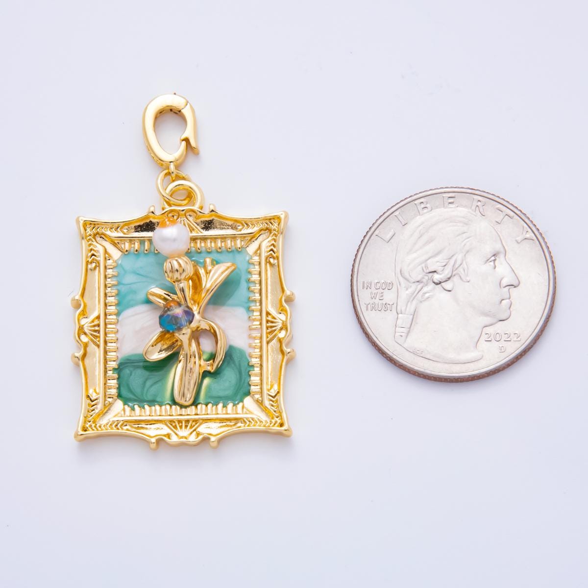 18K Gold Filled Pink Floral Pendant Artsy Painting Flower Enamel Charm with Clip Bail | Ah-814