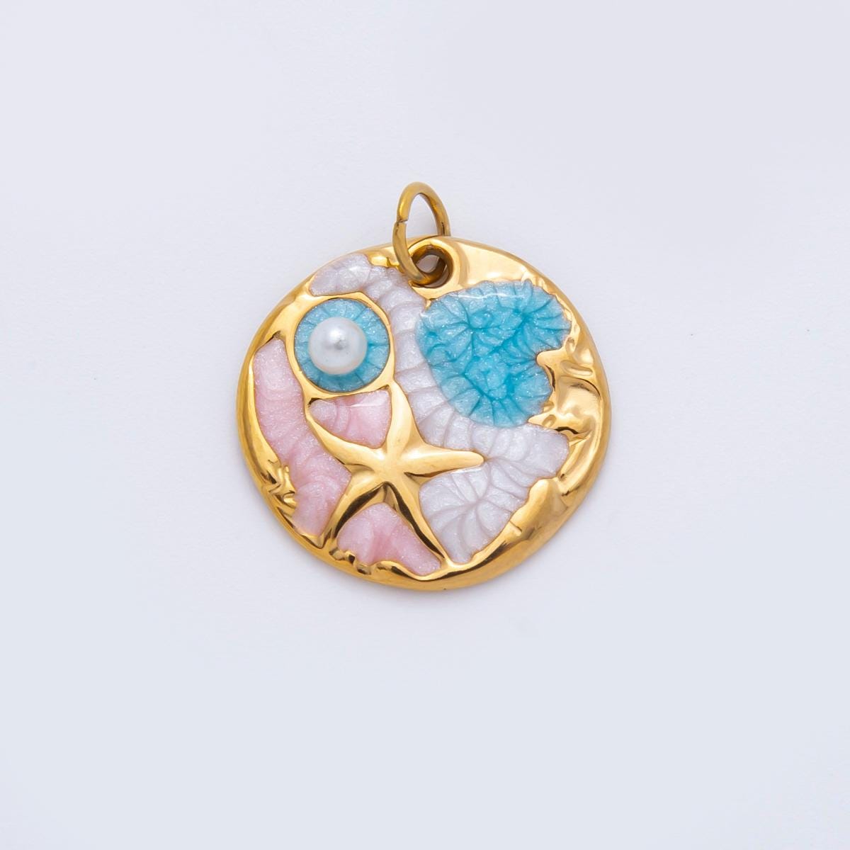 Dainty PVD Gold Plated Ocean Pendant with Starfish & Seashells – Enamel Beach Jewelry with Pearl Accent, Coastal Charm Necklace AH-927