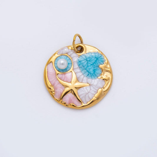 Dainty PVD Gold Plated Ocean Pendant with Starfish & Seashells – Enamel Beach Jewelry with Pearl Accent, Coastal Charm Necklace AH-927