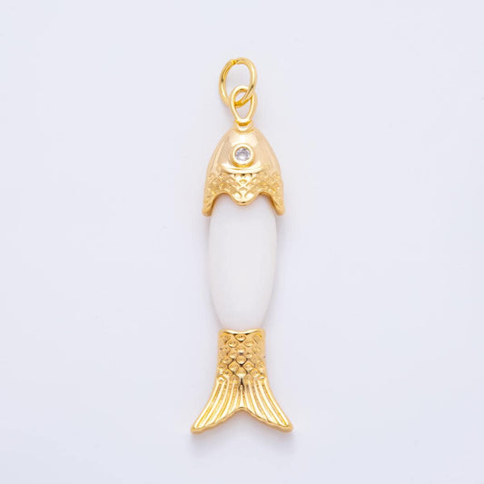 Handmade 18K Gold Filled White Shell Pearl Fish Charm Drop Dangle Pendant | AF-925