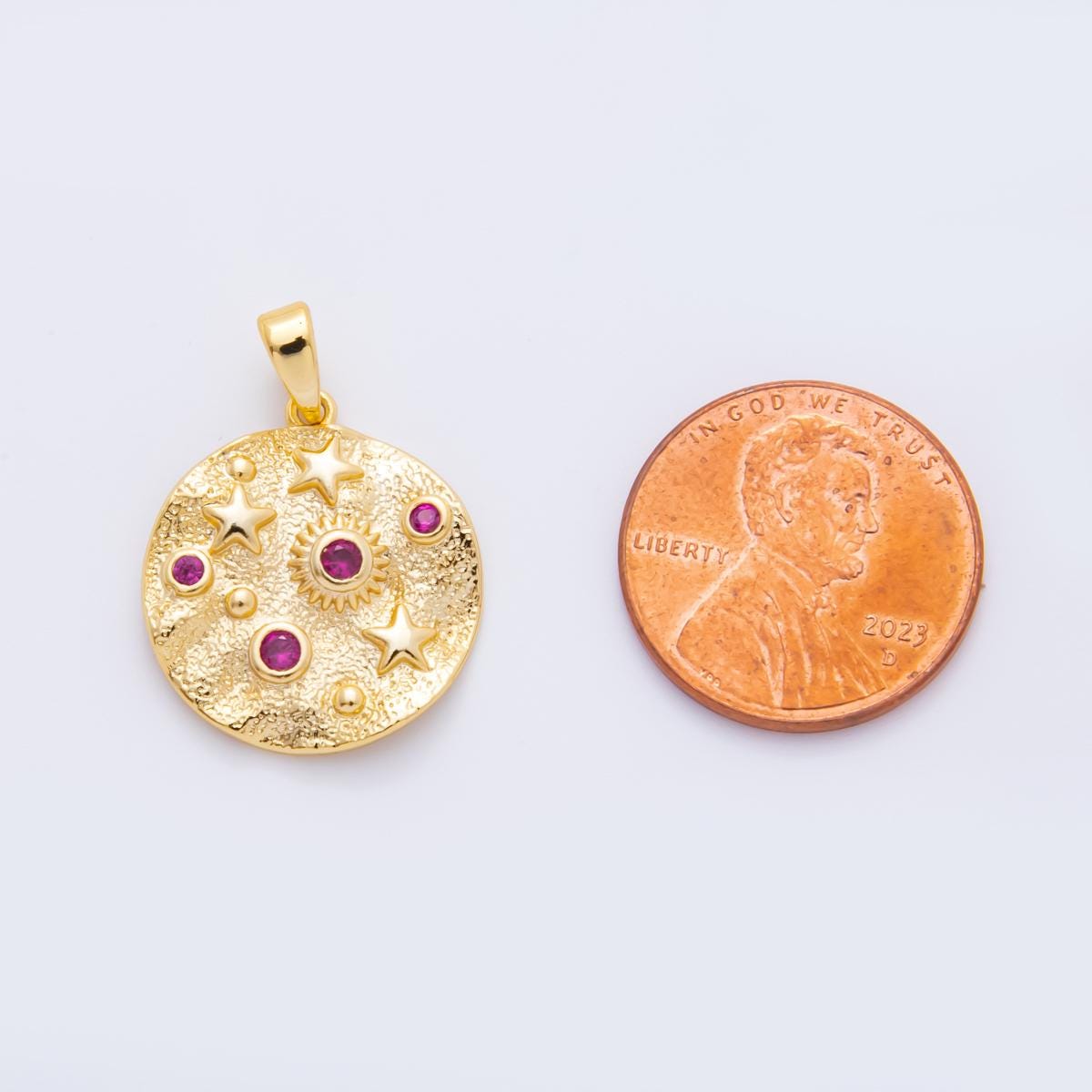 18K Gold Filled Rustic Moon CZ Star Planet Round Charm | AH-816