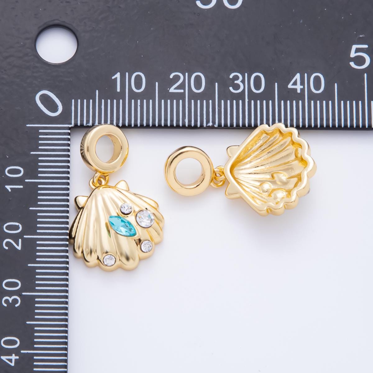 Rondelle 18k gold filled 16.6mm sea shell line-textured add-on charm with Aqua Blue CZ Stone | AH-909