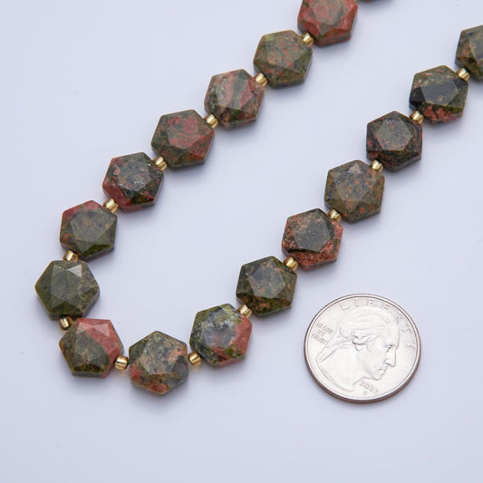 Moss Agate Faceted Beads 12 x 14 mm Gemstone by Strand Finding Hexagon Wholesale Beads for Necklace Bracelet Supply | WA-3617
