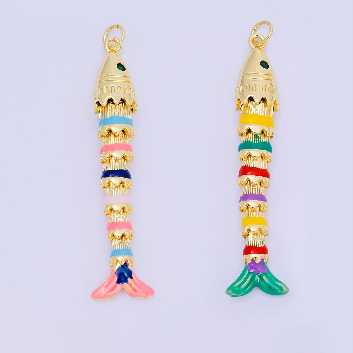 Multi Color Enamel Long 3d movable fish 24k gold filled pendant articulated sardine fish charm for necklace fish lover gift D-080