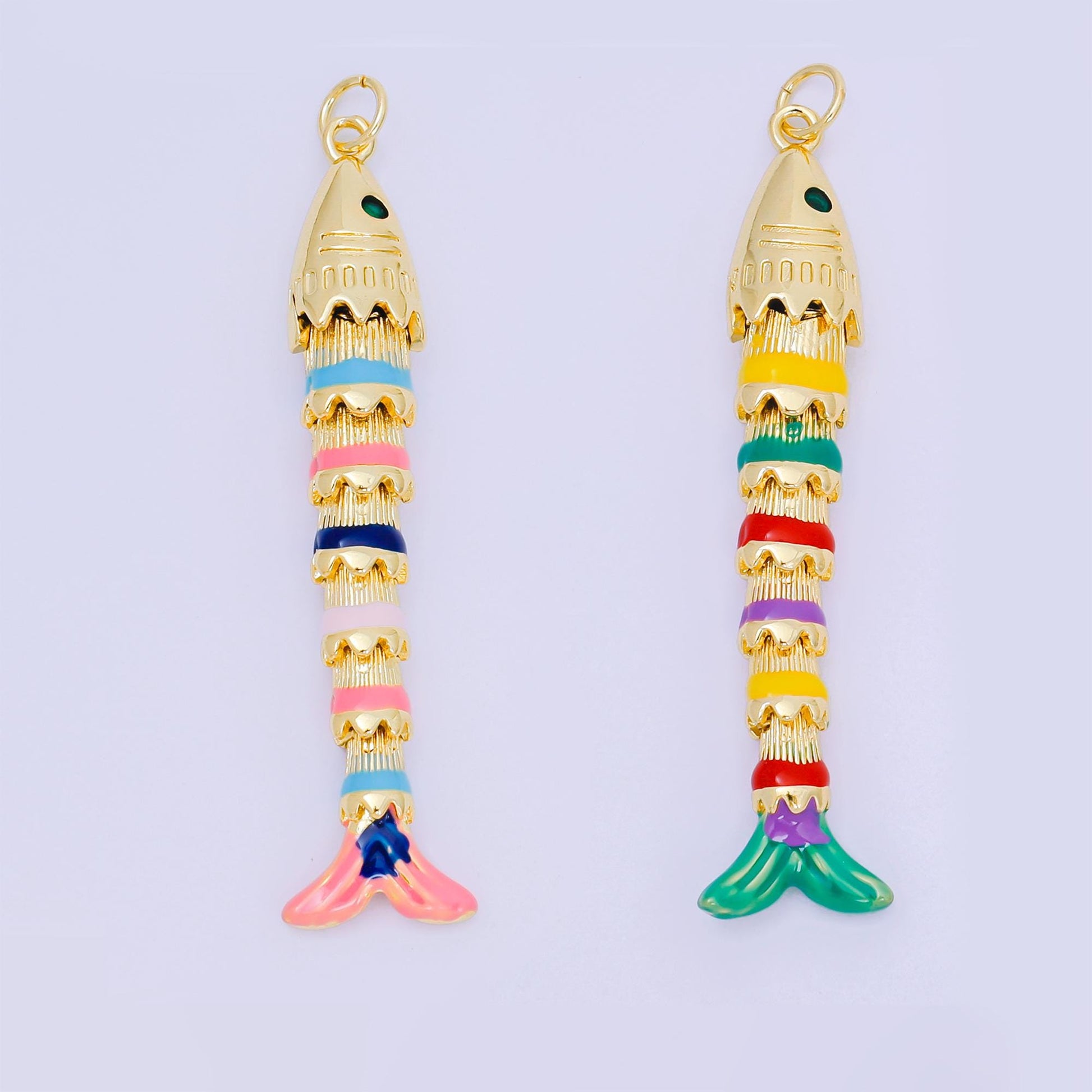 Multi Color Enamel Long 3d movable fish 24k gold filled pendant articulated sardine fish charm for necklace fish lover gift D-080