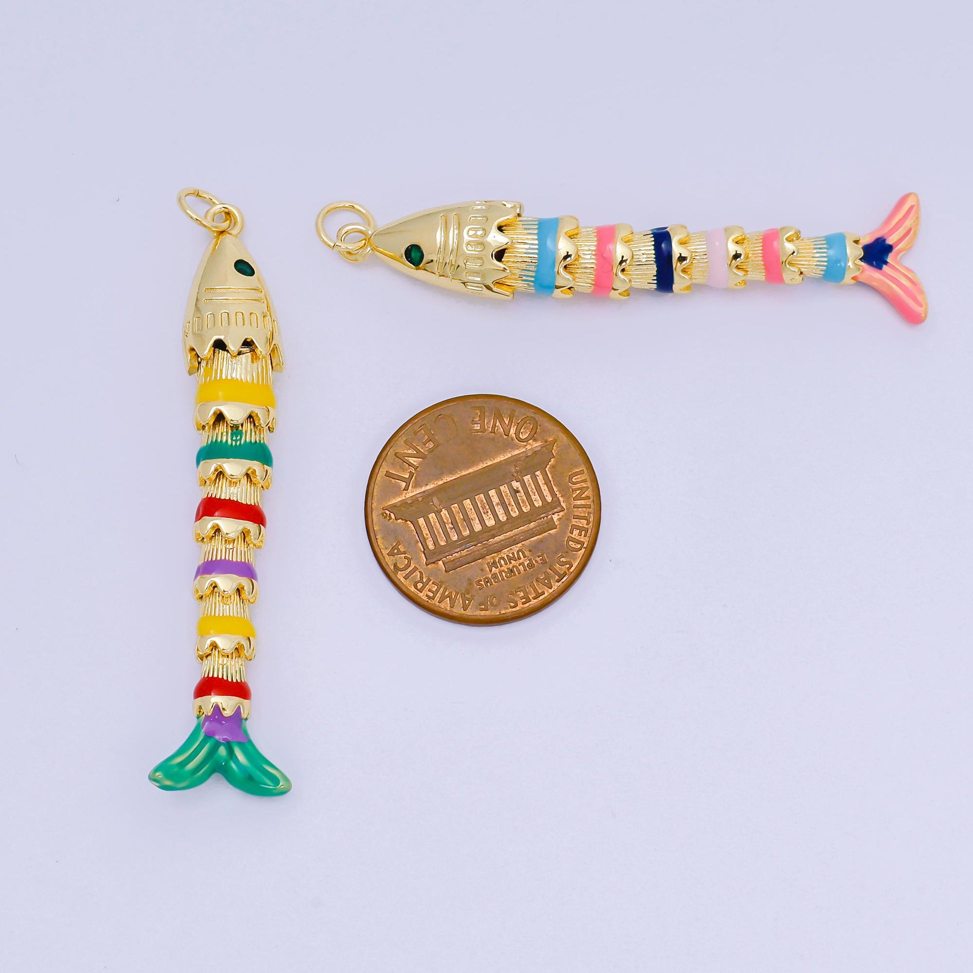 Multi Color Enamel Long 3d movable fish 24k gold filled pendant articulated sardine fish charm for necklace fish lover gift D-080
