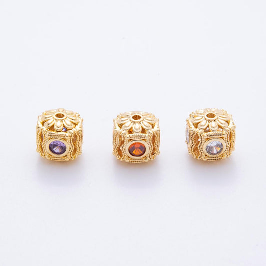 18K Gold Filled Filigree Bead Spacer with Color CZ Stone Decorative Bracelet Beads 10mm for Jewelry Making Supply AF-1052