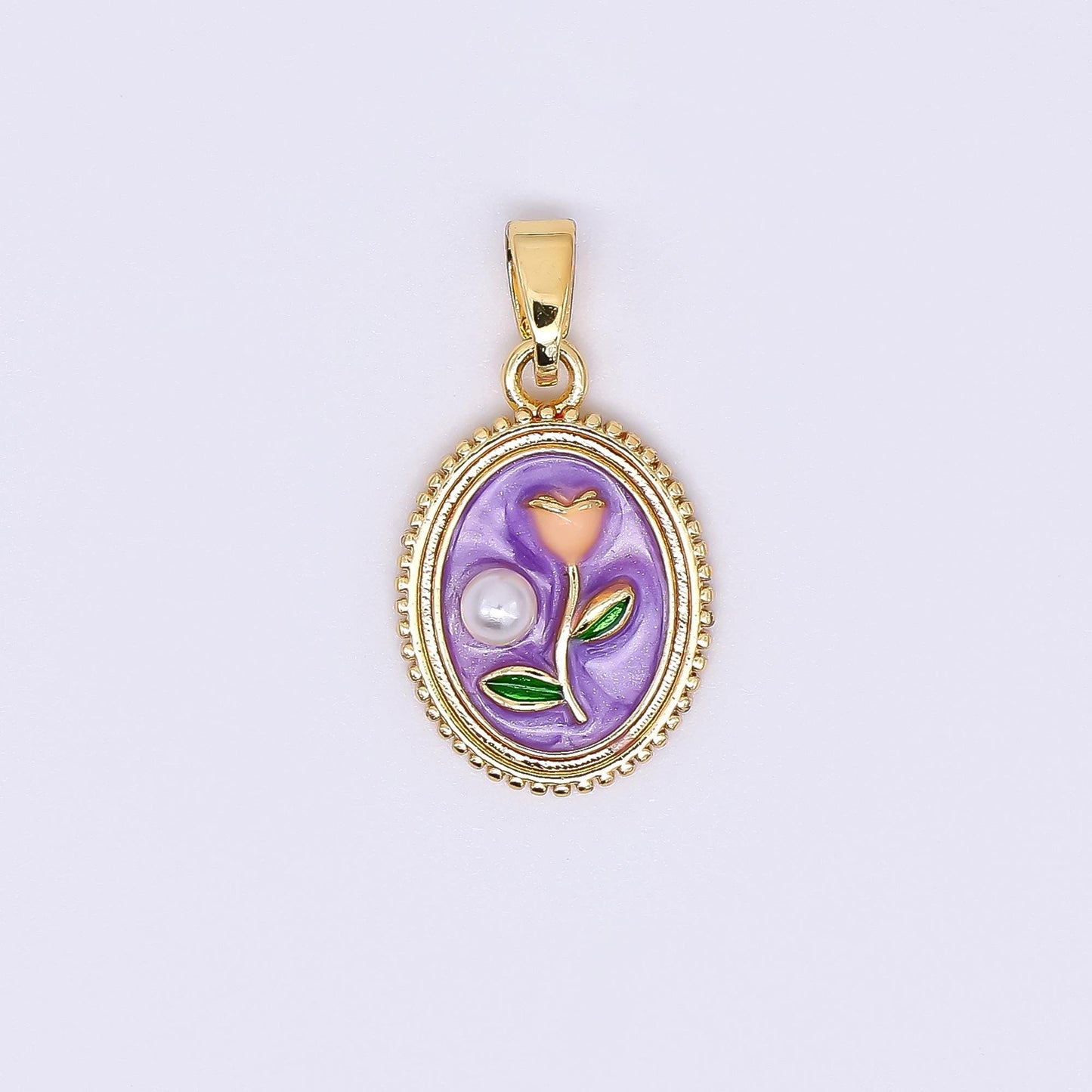 24K Gold Filled 12mm Enamel Art Shell Pearl Framed Vintage Style Flower Pendant in Blue, Pink, Purple & White | AH-506 AH-507