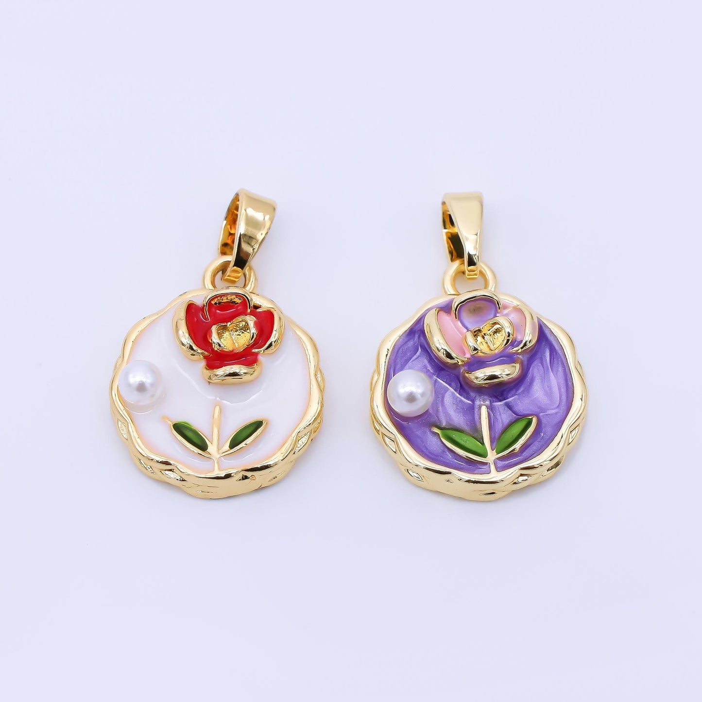 24K Gold Filled 16m White, Purple Shell Pearl Hand-Painted Enamel Rose Flower Coin Charm | AH511