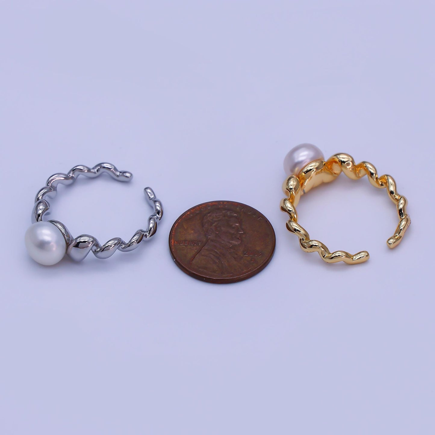 18K Gold Filled Shell Pearl Braided Twist Adjustable Ring in Gold & Silver | O-1478 O-1479