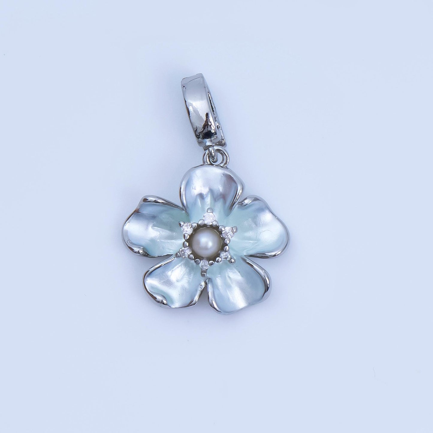 24K Gold Filled 16mm Micro Paved CZ Shell Pearl Flourish Blossom Flower Charm in Gold & Silver| AA-1589