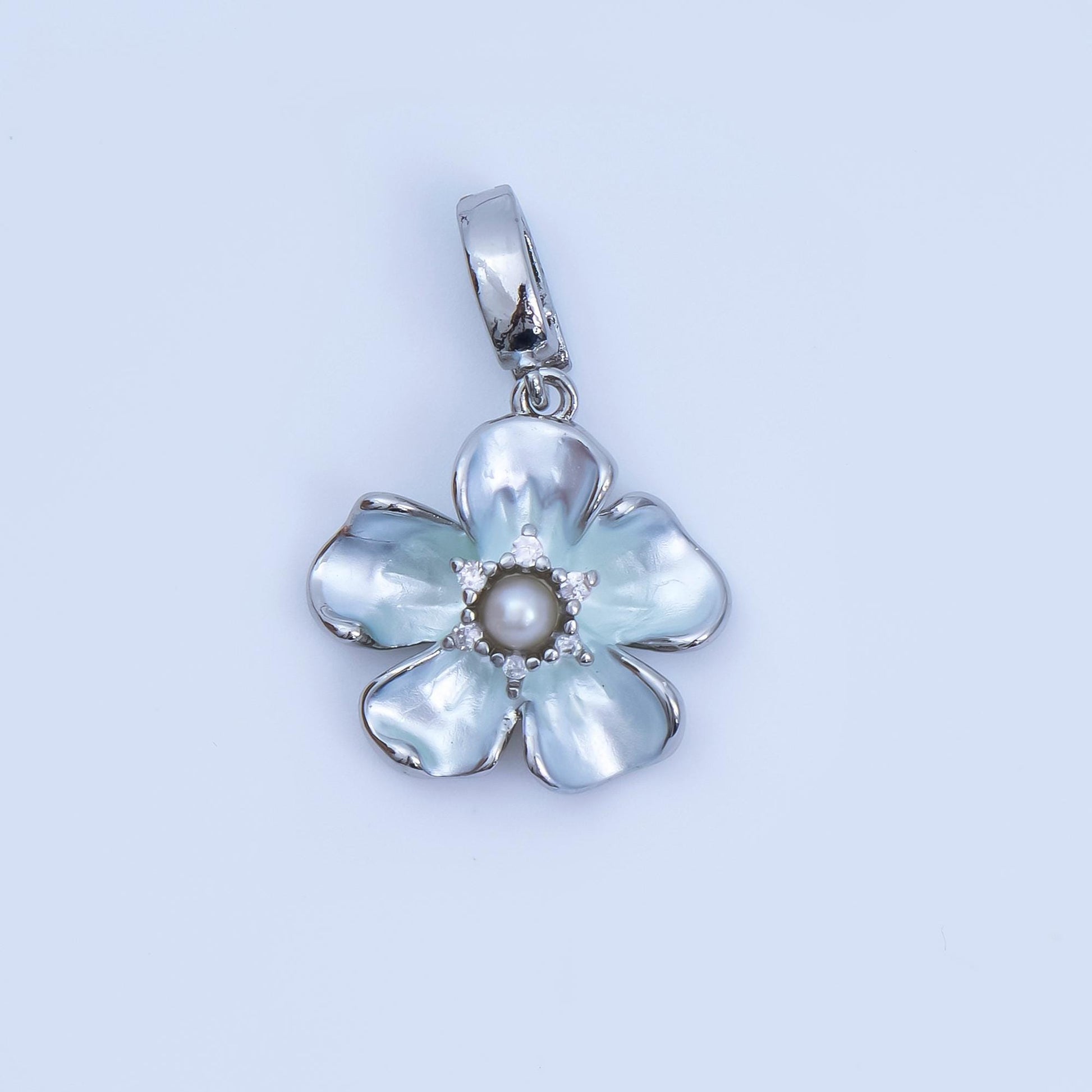 24K Gold Filled 16mm Micro Paved CZ Shell Pearl Flourish Blossom Flower Charm in Gold & Silver| AA-1589