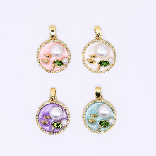 24K Gold Filled 17mm Enamel Art Shell Pearl Pearly Flowers Medallion Pendant in Green, Pink, & Purple | AH-508 AH-509