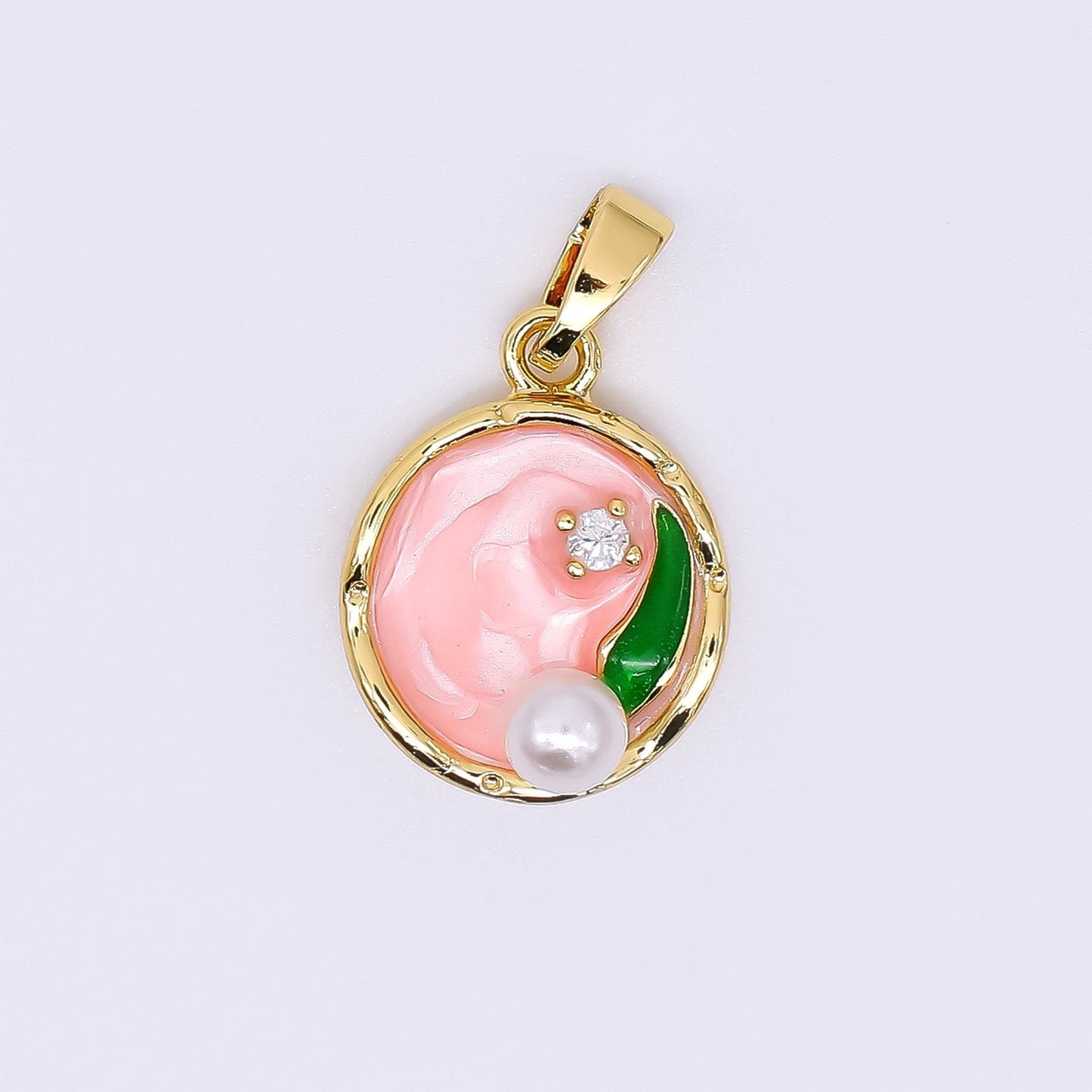 24K Gold Filled 15.5mm Round CZ Enamel Art Shell Pearl Fish Pond Medallion Pendant in Green, Pink, & Purple | AH-504 AH-505
