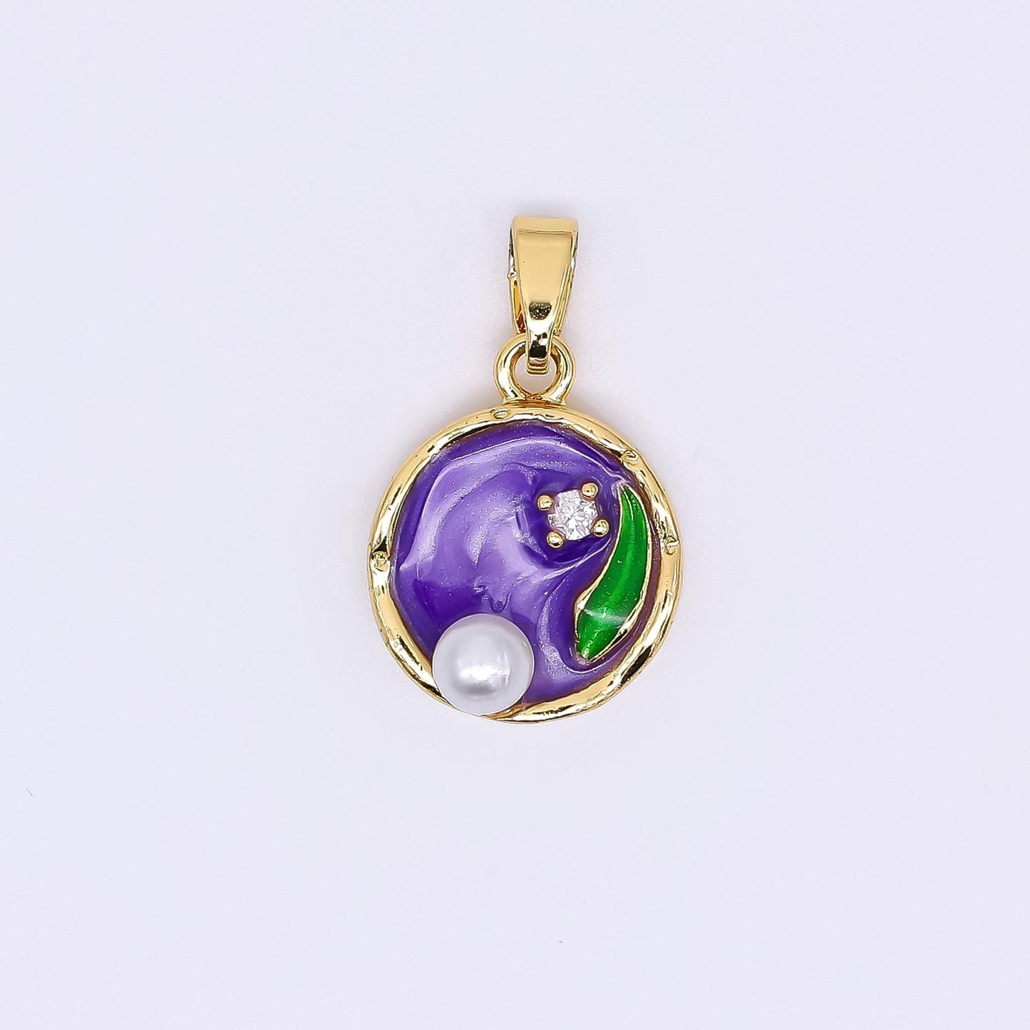 24K Gold Filled 15.5mm Round CZ Enamel Art Shell Pearl Fish Pond Medallion Pendant in Green, Pink, & Purple | AH-504 AH-505