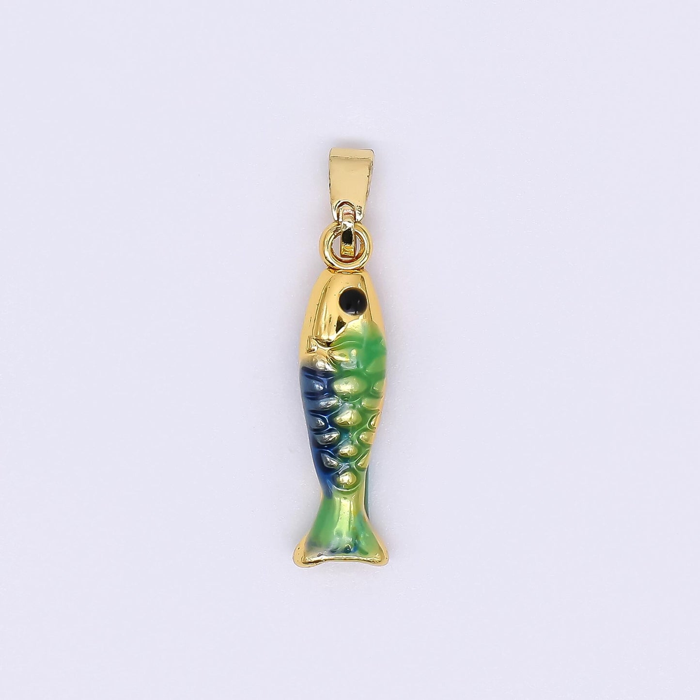 24K Gold Filled 20mm Black Round CZ Enamel Art Ocean Fish Animal Dainty Pendant in Green, Red, & Blue | AH-512 AH-513