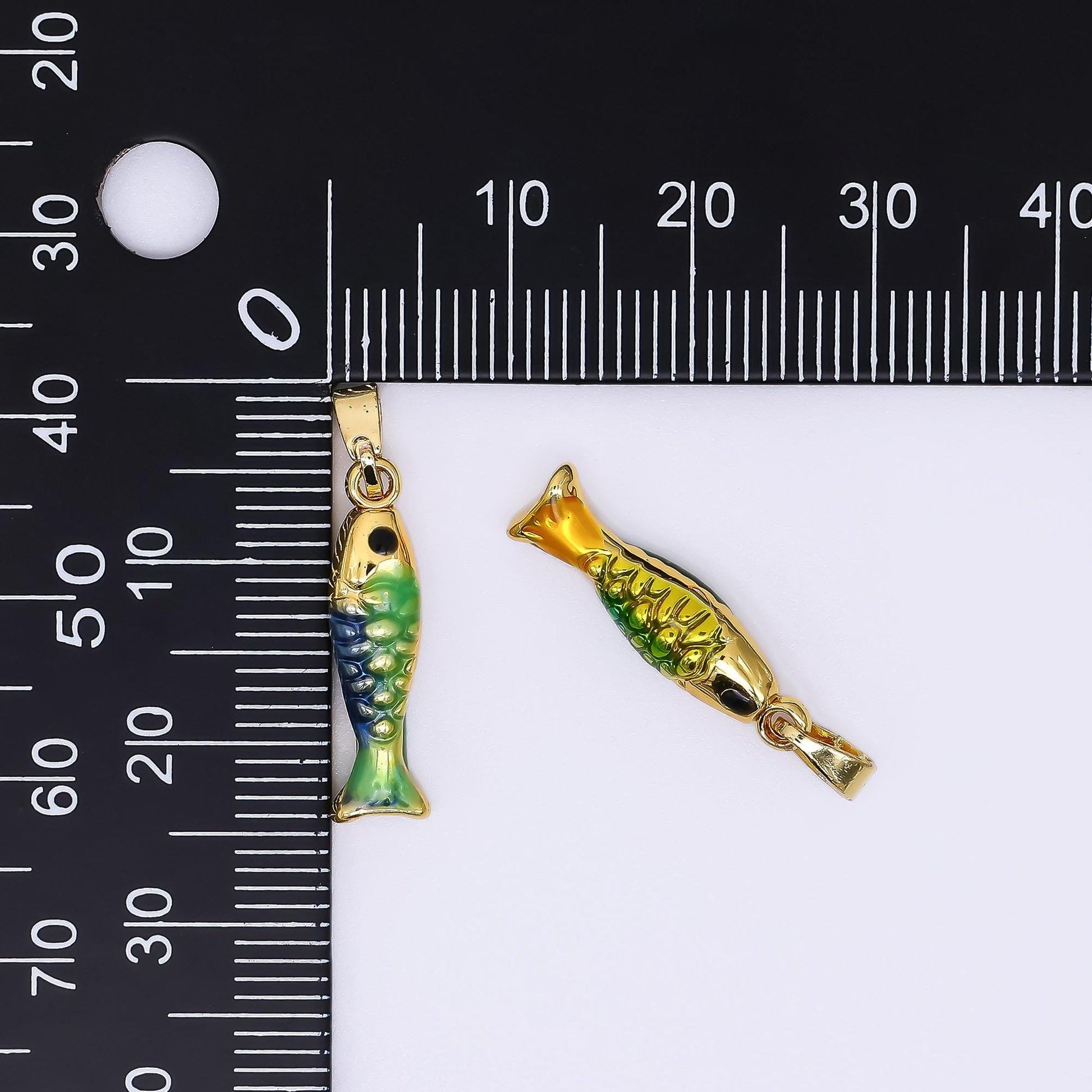 24K Gold Filled 20mm Black Round CZ Enamel Art Ocean Fish Animal Dainty Pendant in Green, Red, & Blue | AH-512 AH-513