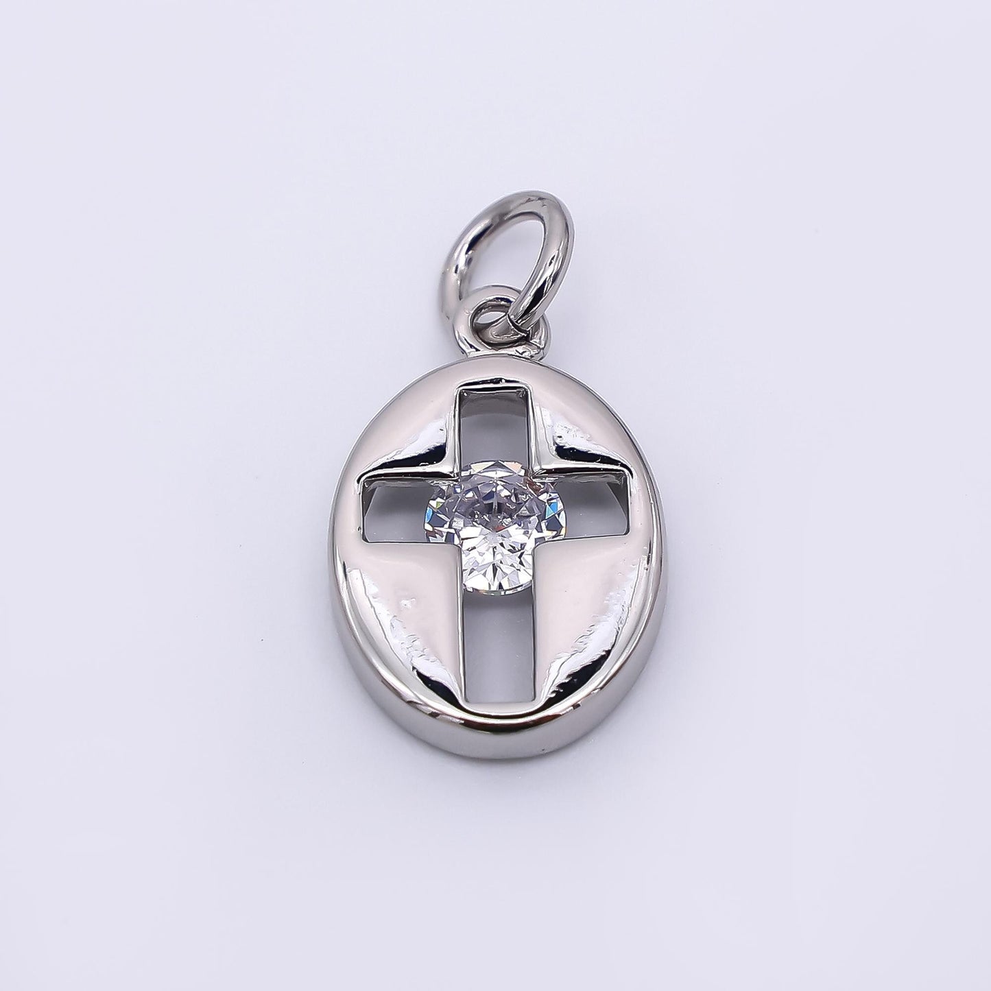 24K Gold Filled 14mm Clear CZ Open Religious Christian Cross Oval Charm in Gold & Silver | AC1598