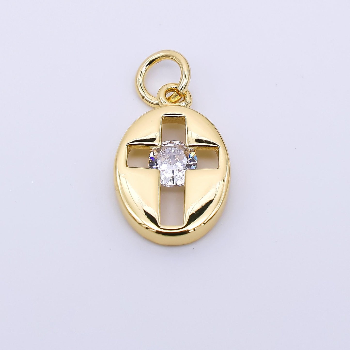 24K Gold Filled 14mm Clear CZ Open Religious Christian Cross Oval Charm in Gold & Silver | AC1598