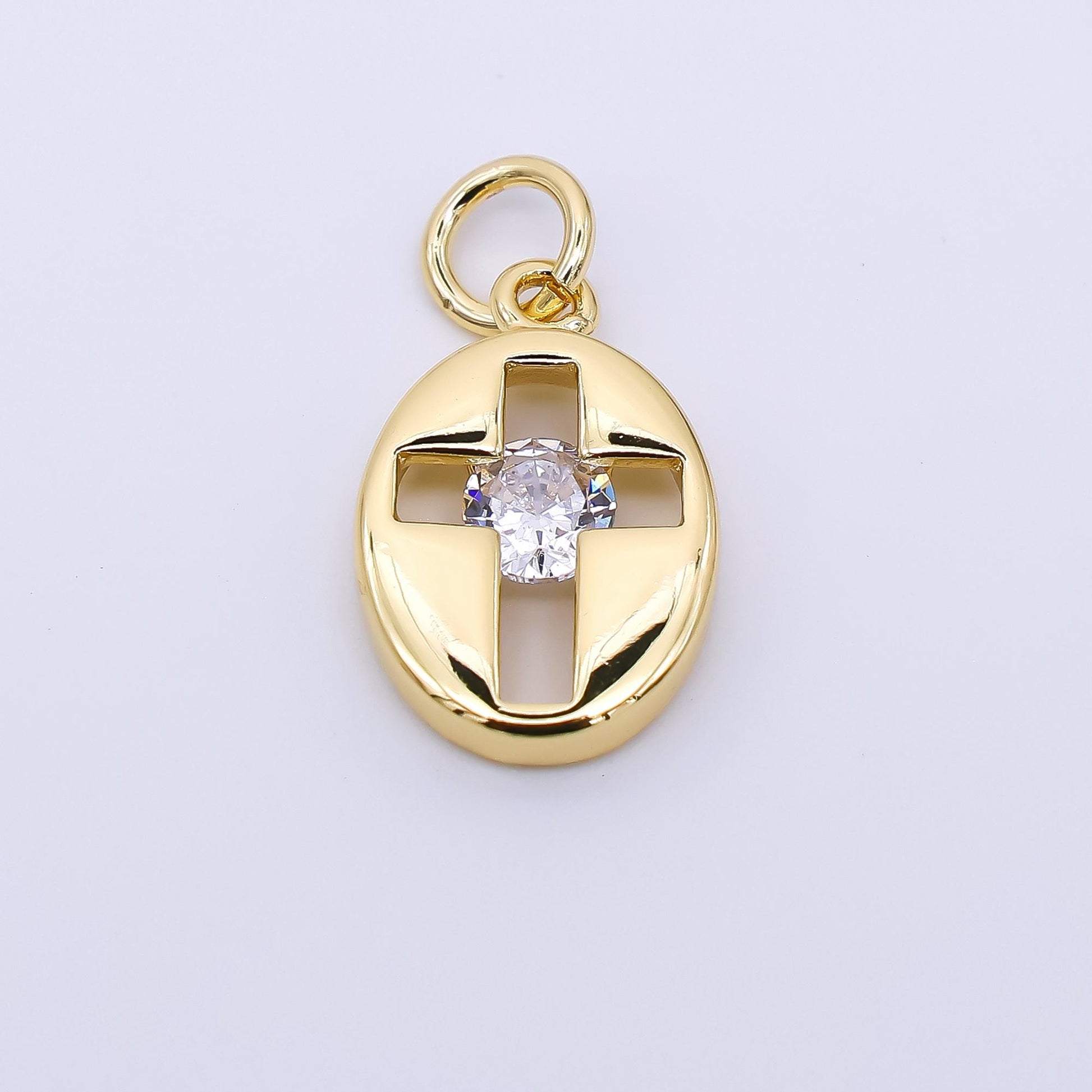 24K Gold Filled 14mm Clear CZ Open Religious Christian Cross Oval Charm in Gold & Silver | AC1598