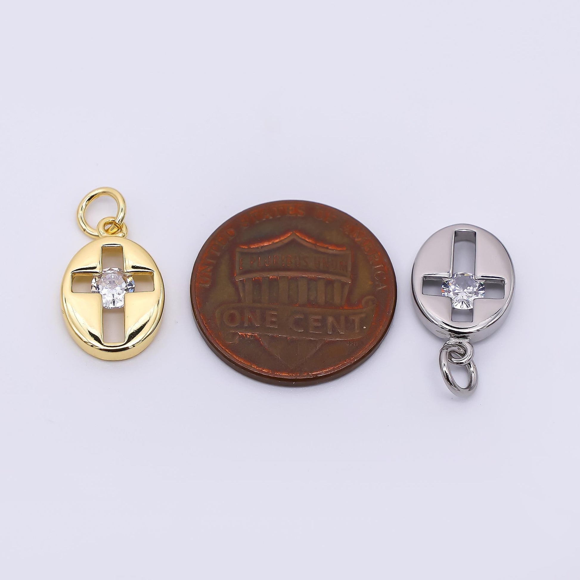 24K Gold Filled 14mm Clear CZ Open Religious Christian Cross Oval Charm in Gold & Silver | AC1598