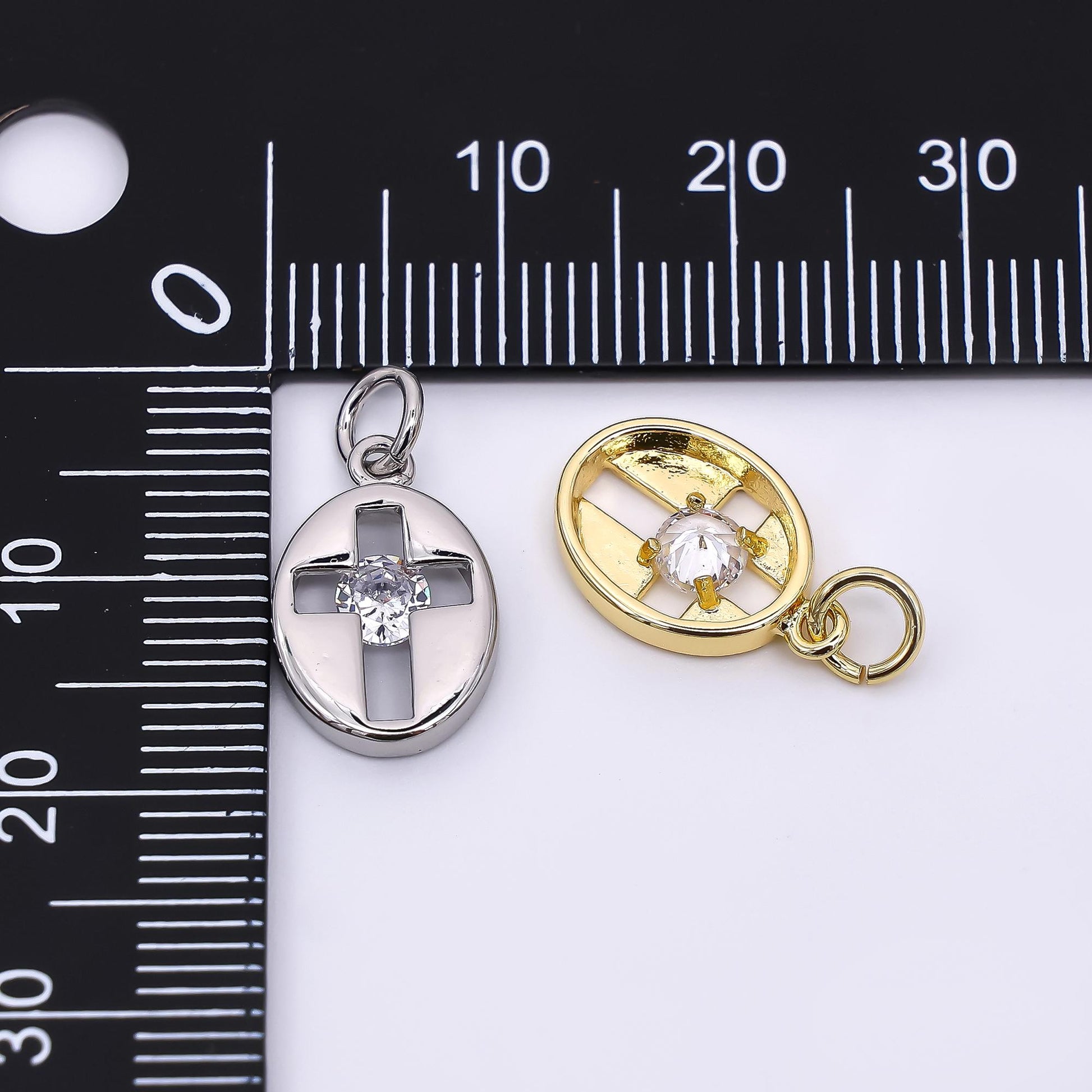 24K Gold Filled 14mm Clear CZ Open Religious Christian Cross Oval Charm in Gold & Silver | AC1598