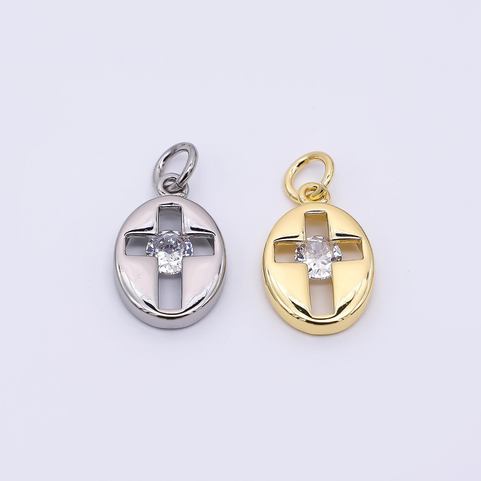 24K Gold Filled 14mm Clear CZ Open Religious Christian Cross Oval Charm in Gold & Silver | AC1598