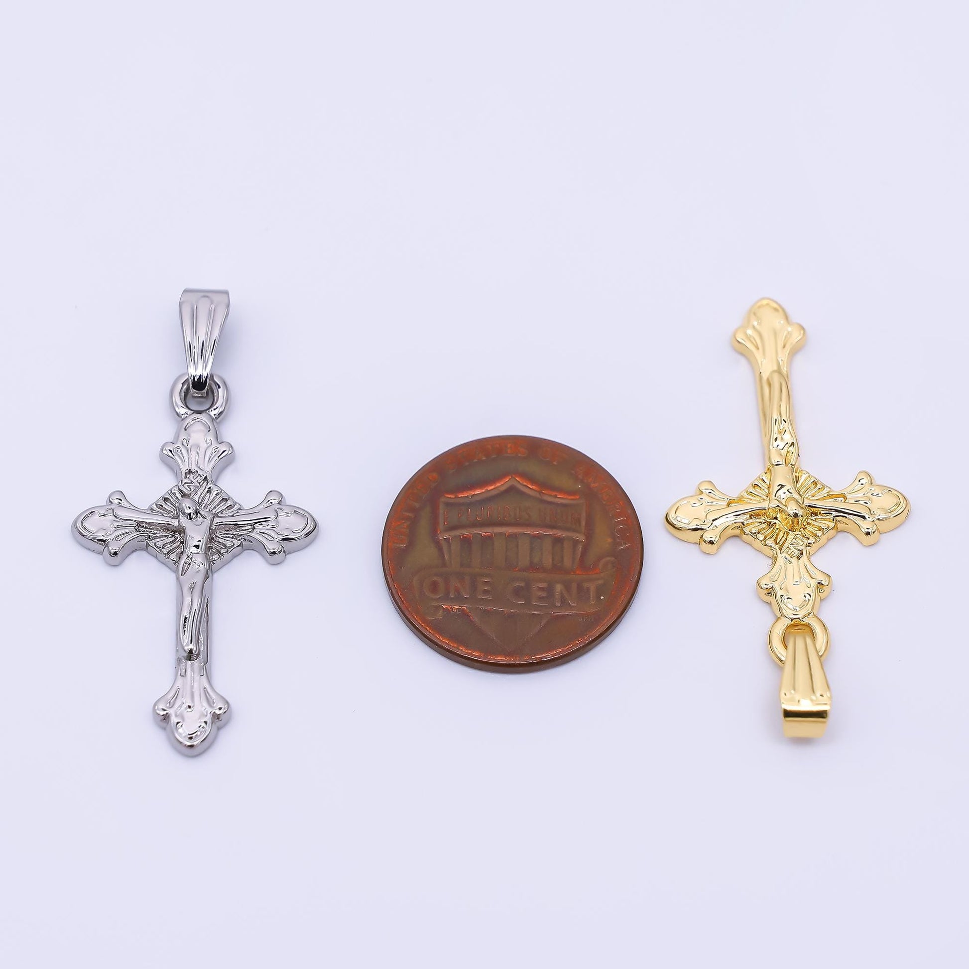 24K Gold Filled Religious Jesus Crucifix Fleur Cross Pendant in Gold & Silver | AA1609