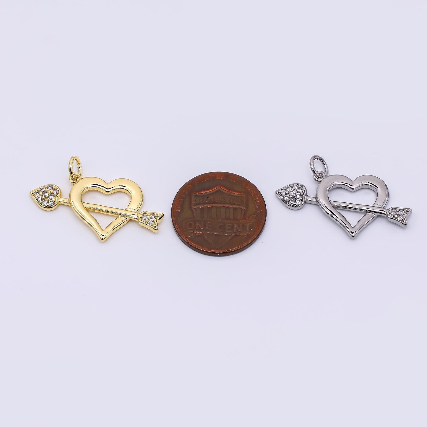 24K Gold Filled 15.5mm Micro Paved CZ Open Heart Arrow Charm in Gold & Silver | AC1597