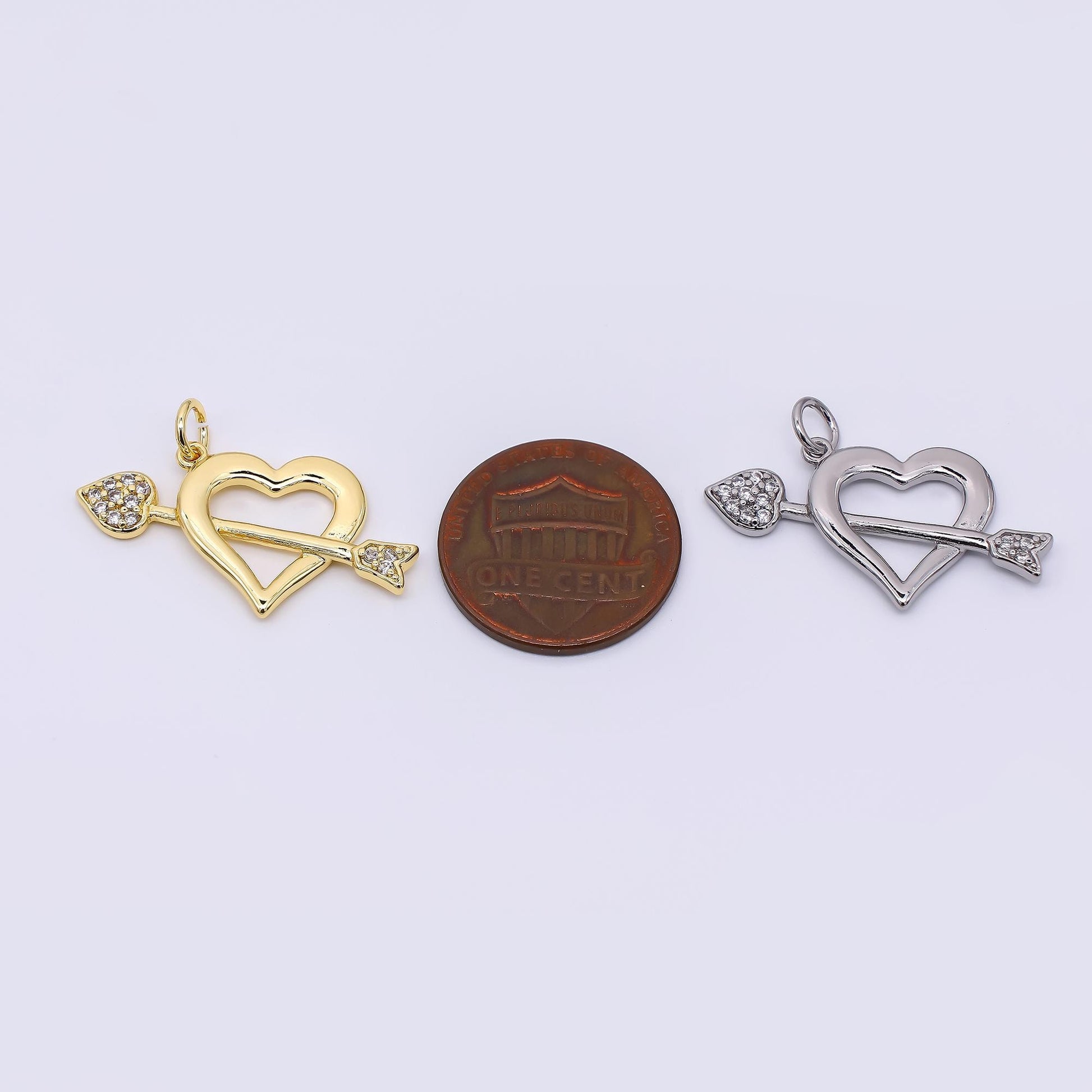 24K Gold Filled 15.5mm Micro Paved CZ Open Heart Arrow Charm in Gold & Silver | AC1597