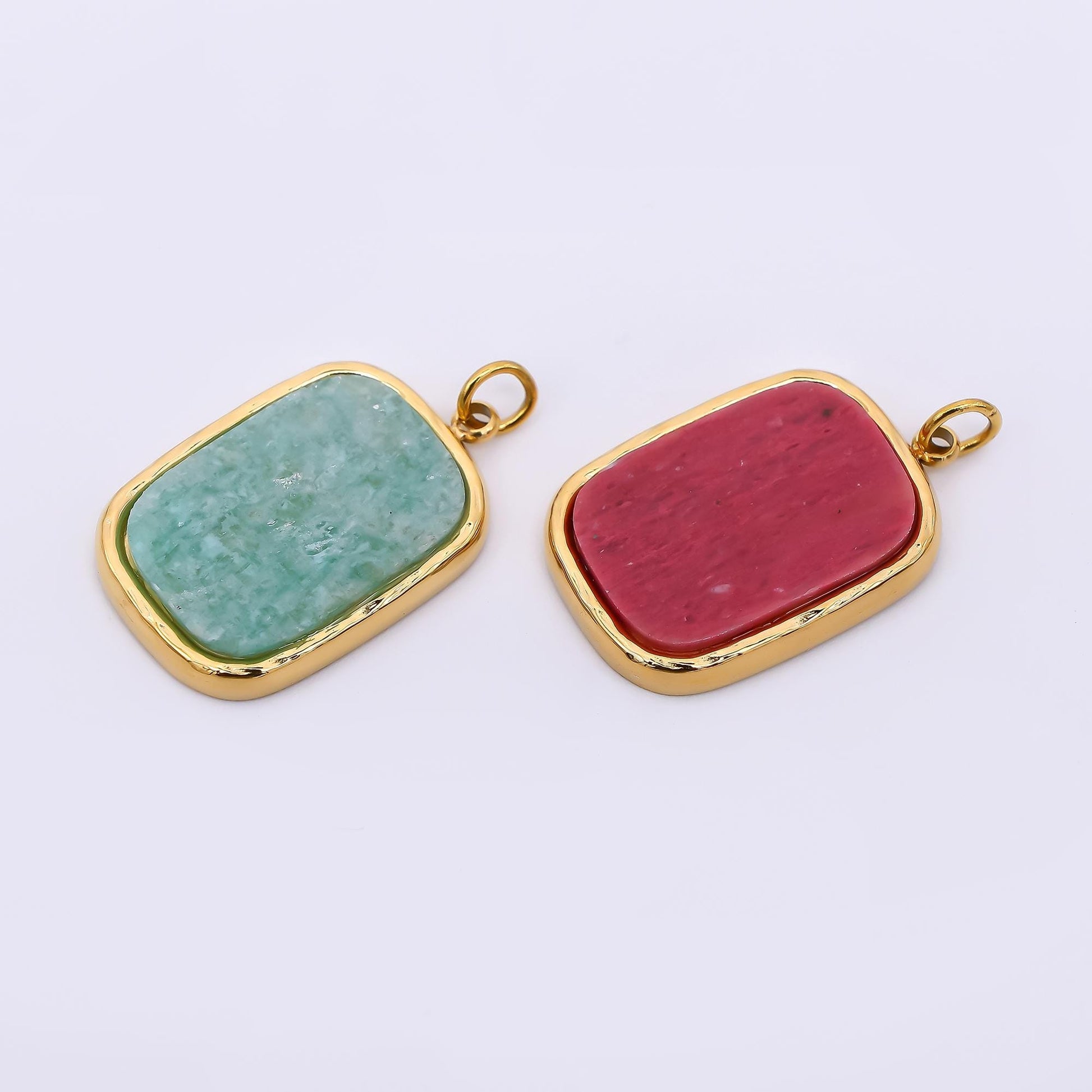 Stainless Steel 21mm Rectangle Natural Gemstone Amazonite & Red Jasper Foil Pendant Charm | J-354