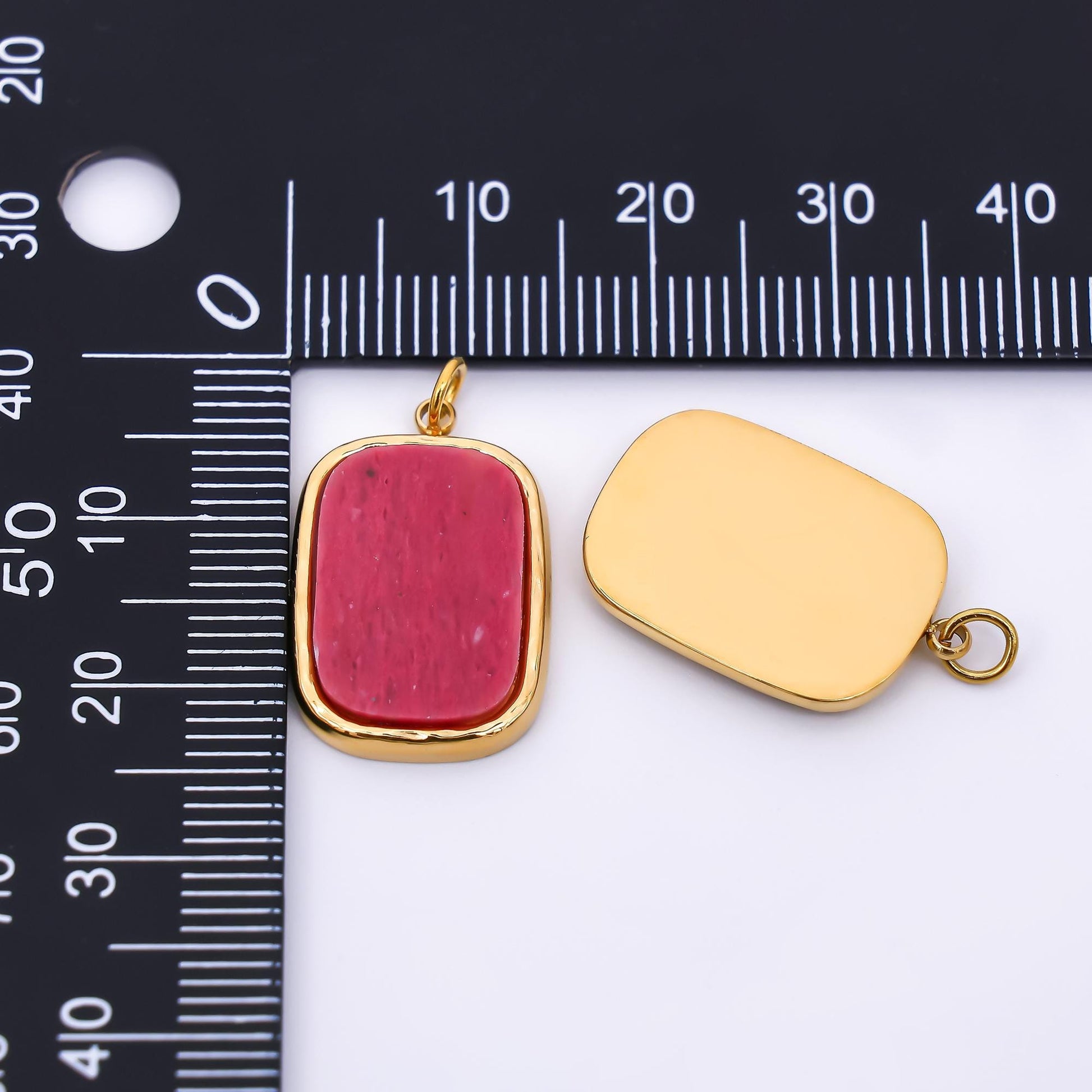 Stainless Steel 21mm Rectangle Natural Gemstone Amazonite & Red Jasper Foil Pendant Charm | J-354