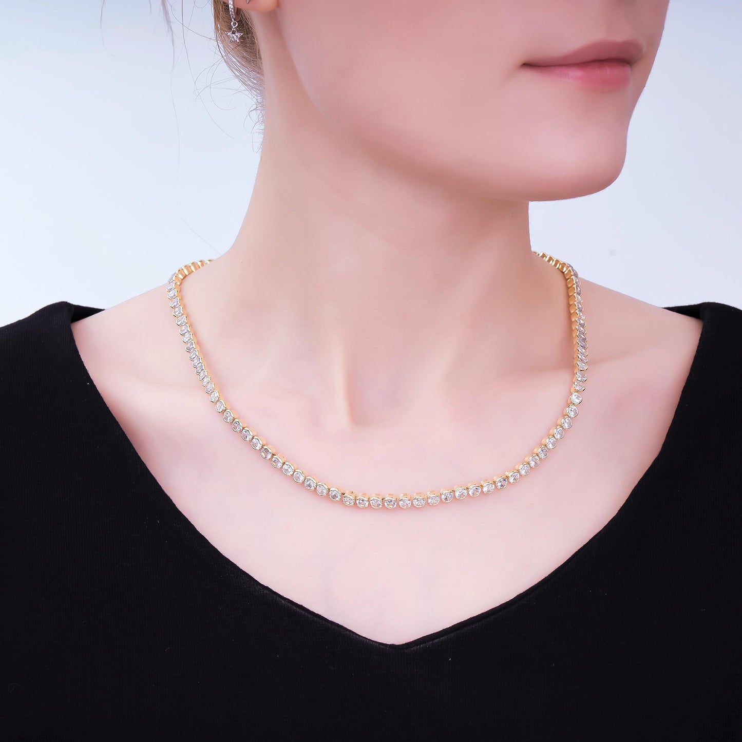 24K Gold Filled Round Clear CZ Bezel Tennis 18 Inch Necklace | WA-3406