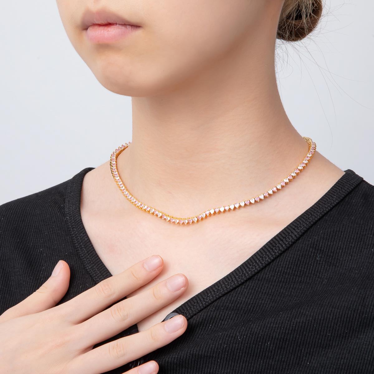 18K Gold Filled Heart Multi Color CZ Tennis Necklace 16.5 Inch Choker Short Necklace for Party Layering Necklace | WA-2037